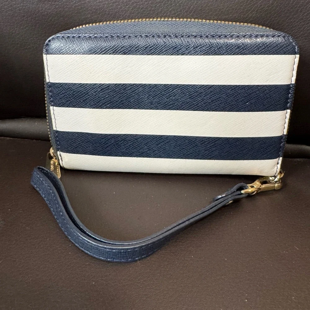 Michael Kors Blue/White Leather Striped Zip Around Wallet
